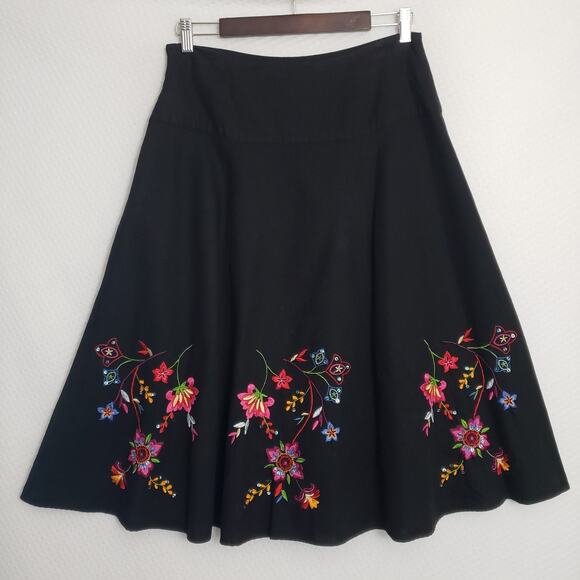 VTG Carole Little Sz 8 Black Linen Rayon‎ Peasant Skirt Floral Embroidered Boho - Picture 3 of 10